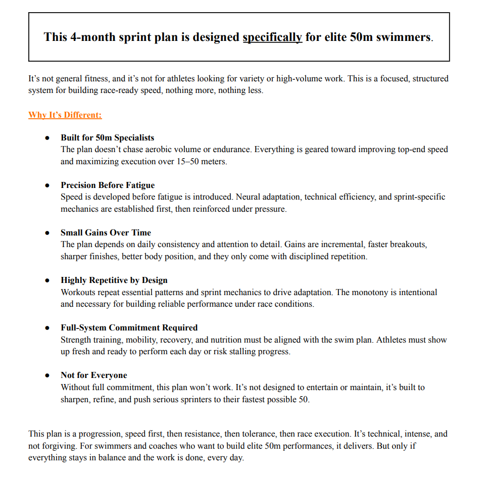 Text document detailing a 4-month sprint plan for elite 50m swimmers