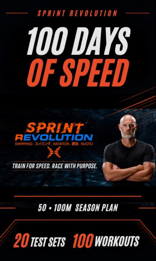Promotional cover graphic for a Sprint Revolution fitness program titled '100 Days of Speed,' with large white and orange text on a black background, a photo of a man with arms crossed, and text mentioning 50 x 100m season plan, 20 test sets, and 100 workouts.