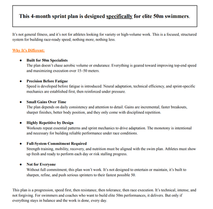 Text document detailing a 4-month sprint plan for elite 50m swimmers