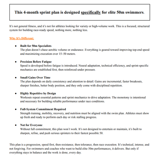 Text document detailing a 4-month sprint plan for elite 50m swimmers