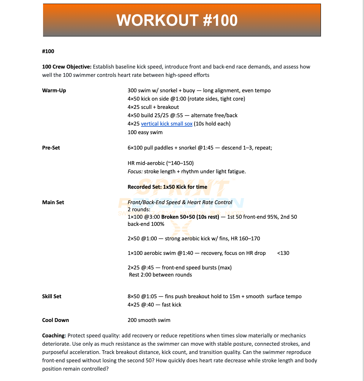 A digital workout plan sheet titled 'WORKOUT #100' with black text on a white background, outlining a swim routine with warm-up, pre-set, main set, and cool-down phases.